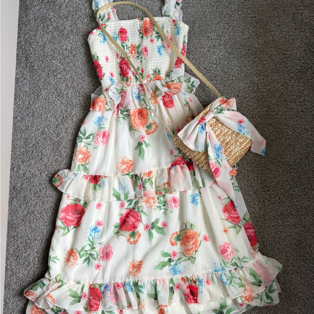 Rare Editions White Floral Ruffled Maxi Dress with Straw Crossbody